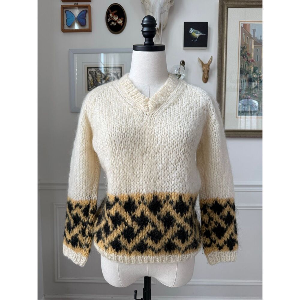 Vintage 70s Colebrook Mohair Blend Hand Knit Italy Ski Sweater Vneck S